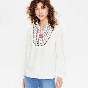 Boden Polly White Embroidered Long Slender Tie Neck Blouse Size 6